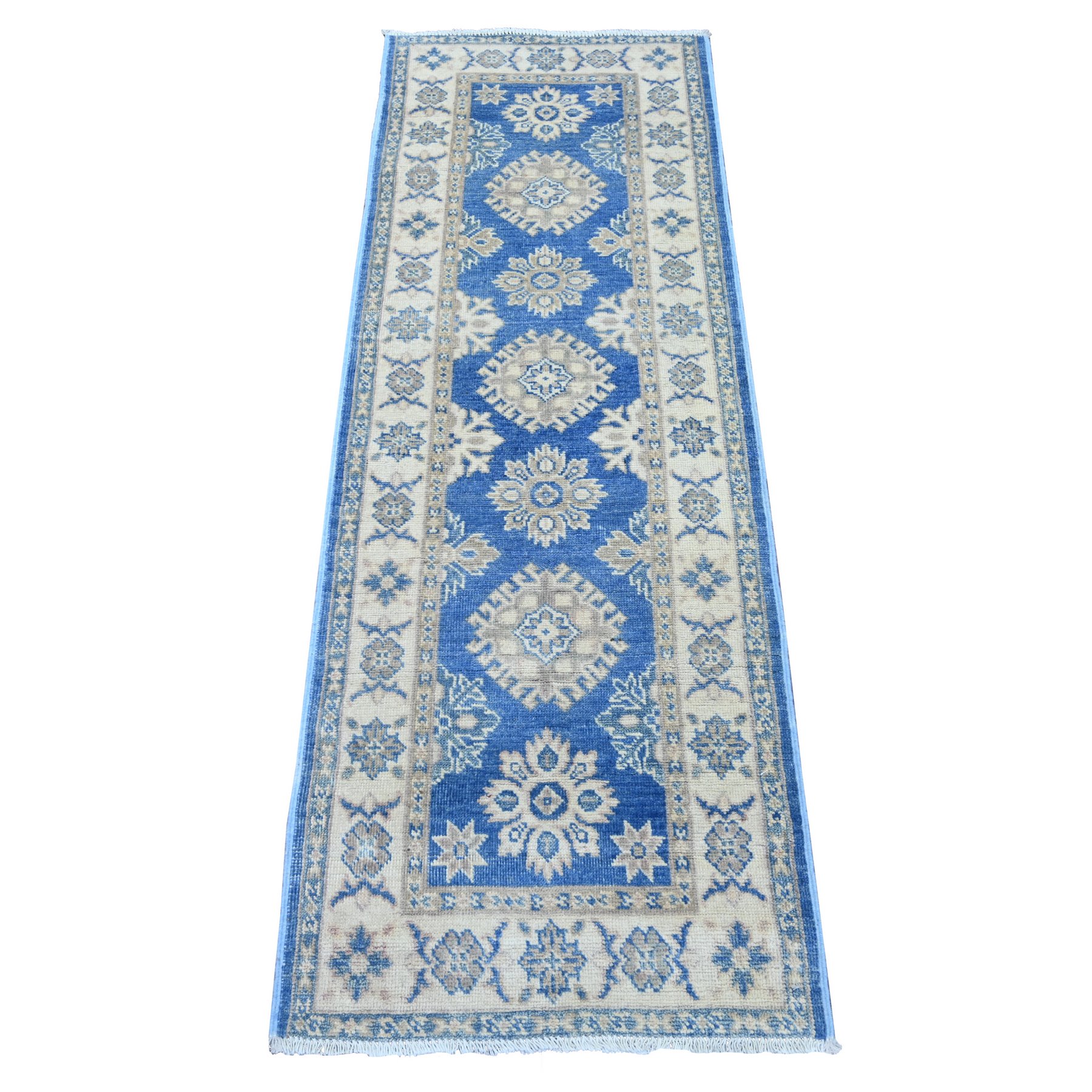 2'x5'8" Bayern Blue, Vintage Look Kazak with Tribal Medallions, 100% Wool, Hand Knotted, Natural Dyes, Short and Narrow Runner, Oriental Rug 